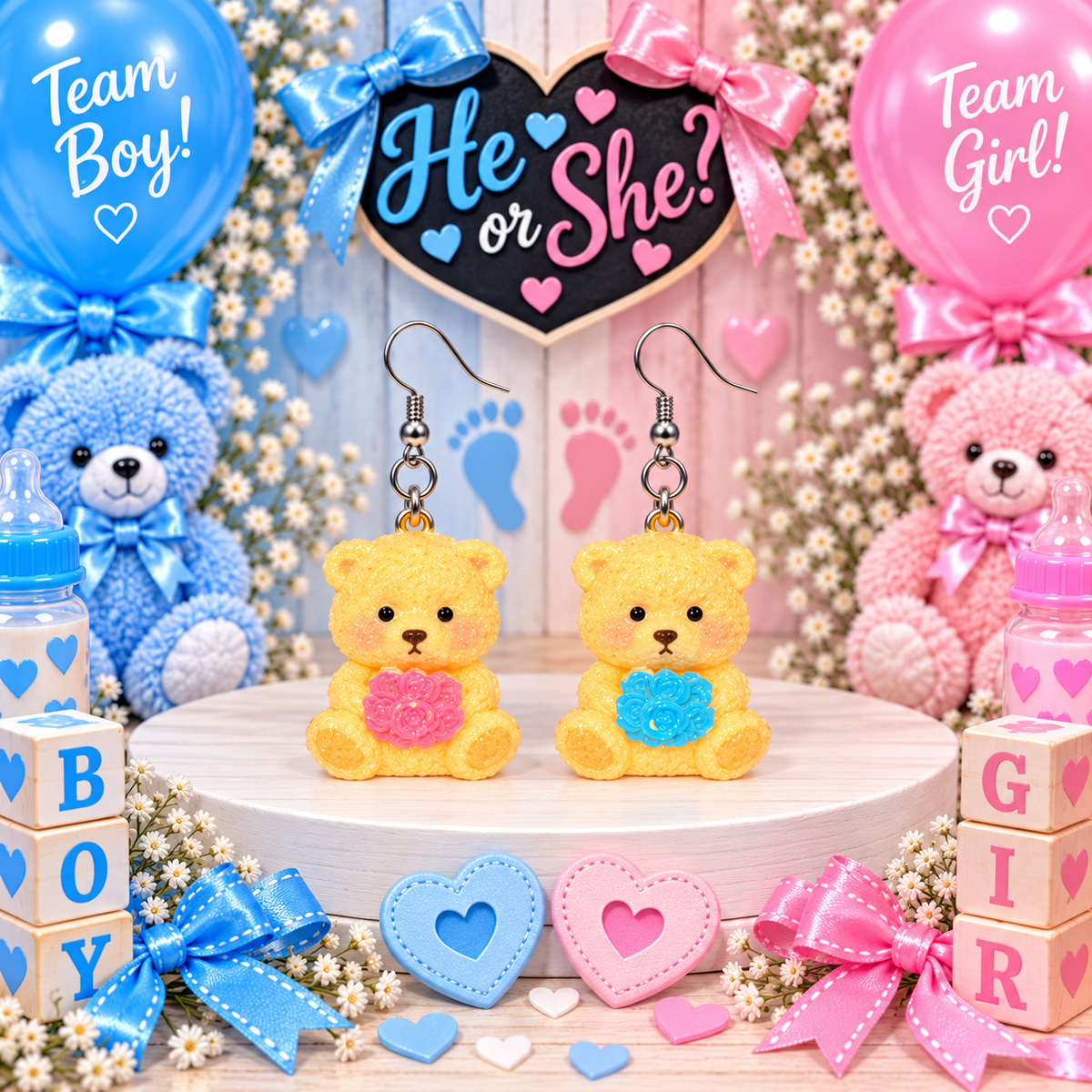 Bouquets & Bears mismatched gender reveal teddy bear earrings – He or She party mockup