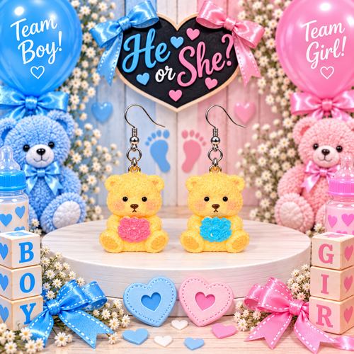 Bouquets & Bears mismatched gender reveal teddy bear earrings – He or She party mockup