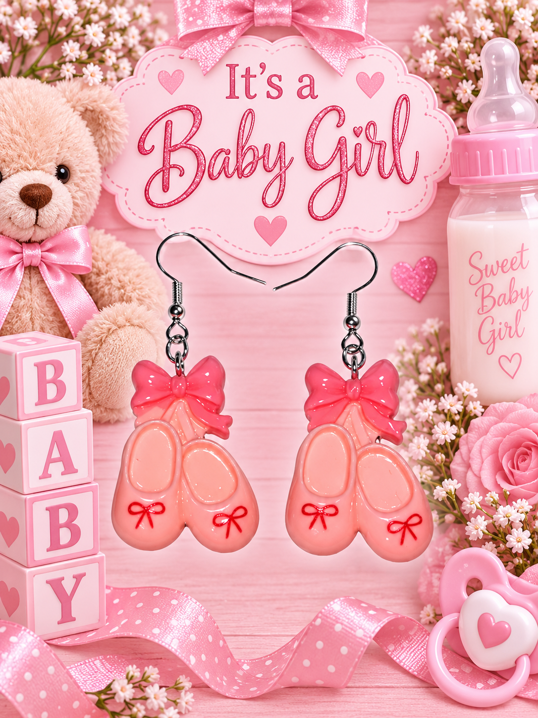 It's a Baby Girl Pink Ballet Slipper Dangle Earrings by Nail'd It By Melinda