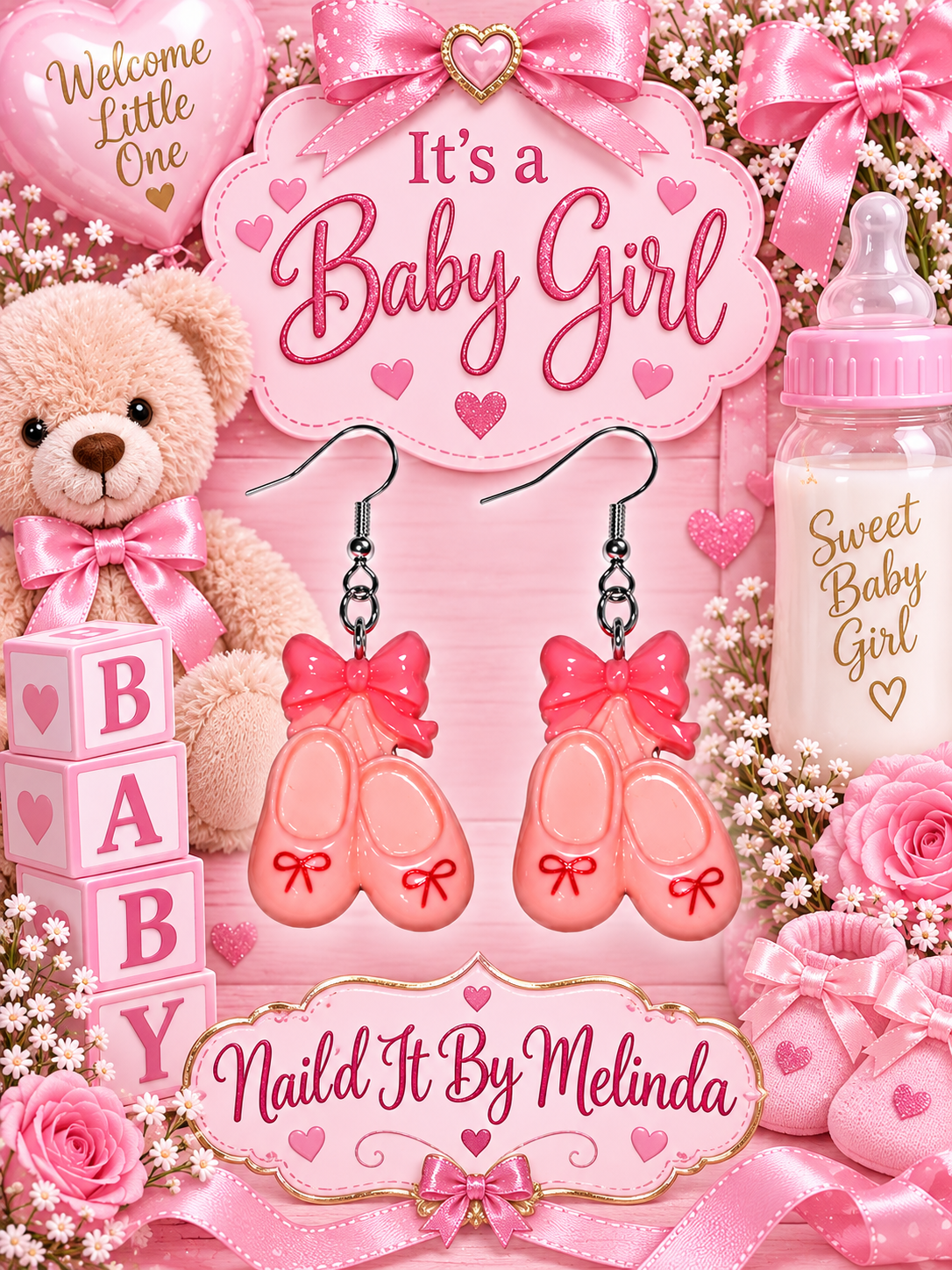 It's a Baby Girl Pink Ballet Slipper Dangle Earrings – Nail'd It By Melinda logo