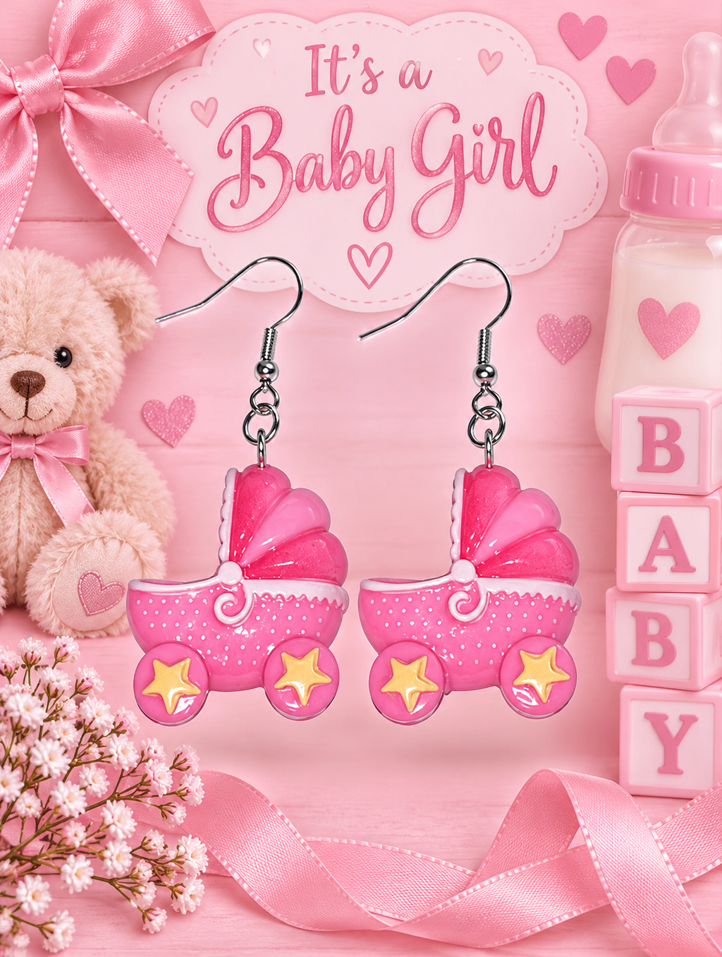 It's a Baby Girl Pink Baby Stroller Dangle Earrings by Nail'd It By Melinda