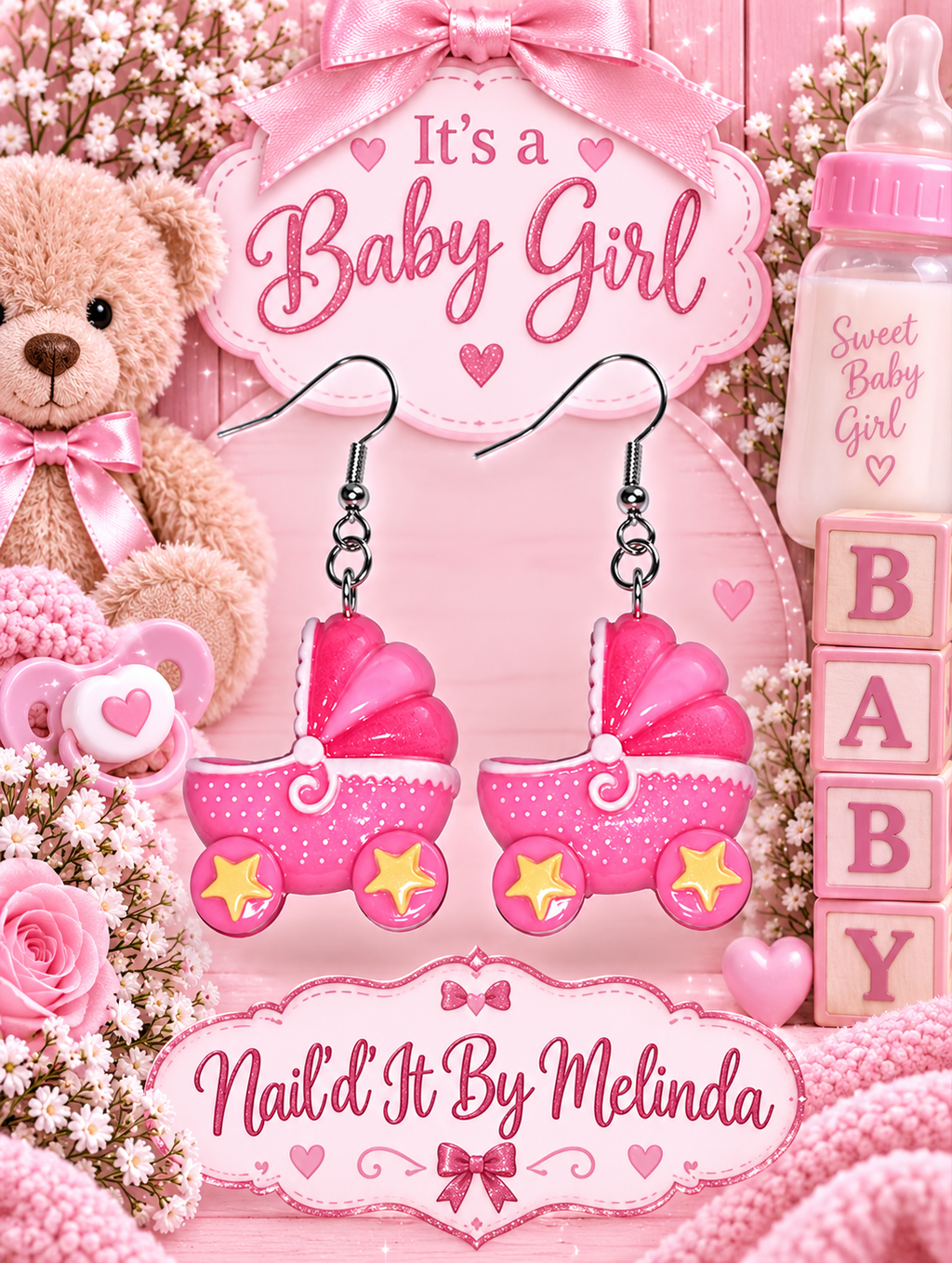 It's a Baby Girl Pink Baby Stroller Dangle Earrings – Nail'd It By Melinda logo