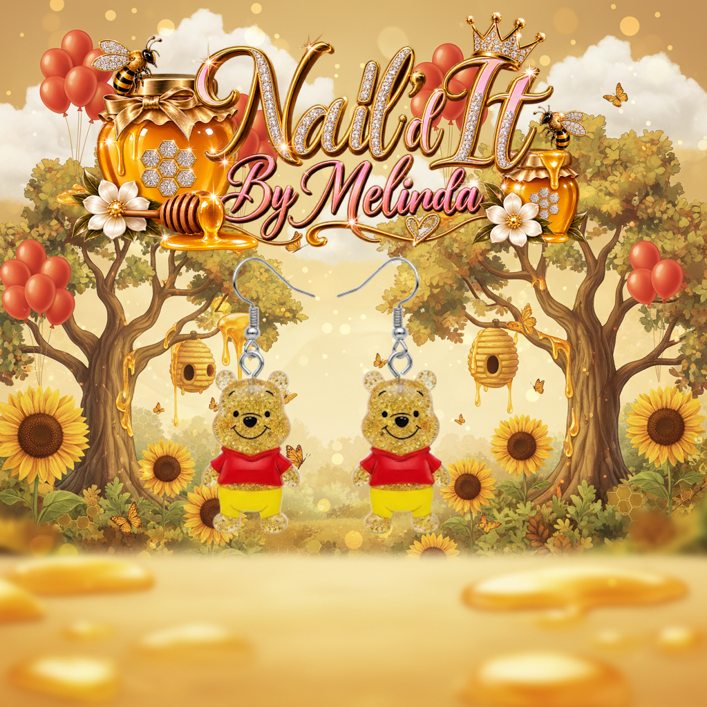 Winnie the Pooh Gold Glitter Dangle Earrings - branded honey background