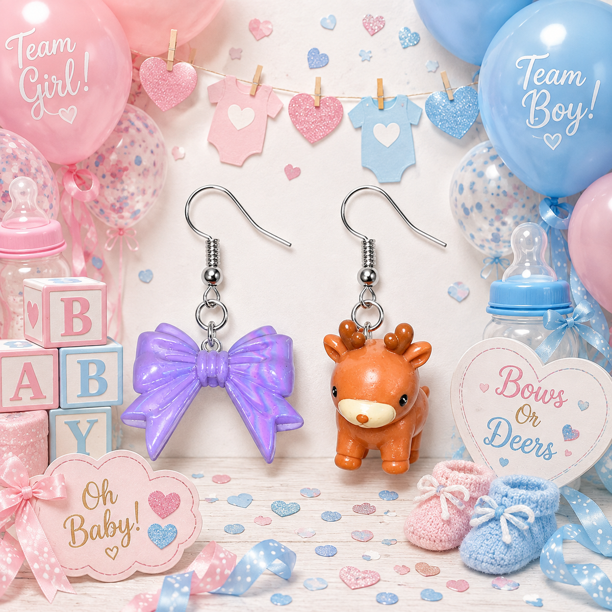 Bows Or Bucks purple bow and deer earrings – gender reveal baby shower