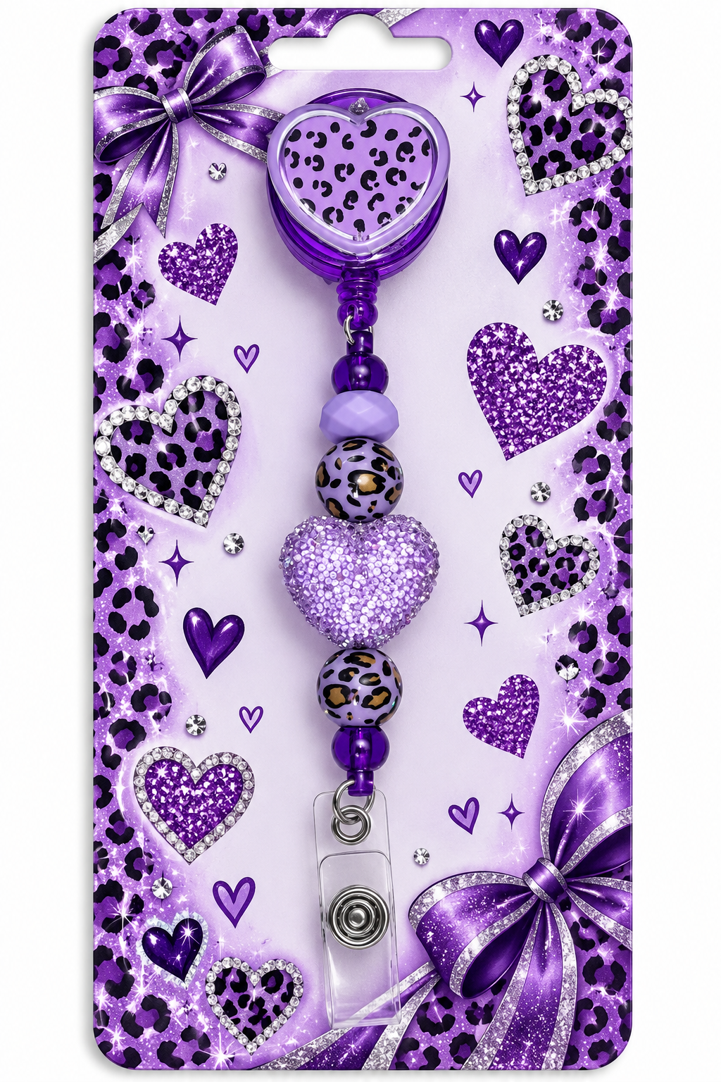 Purple leopard heart badge reel displayed on a glittery purple heart and bow backing card