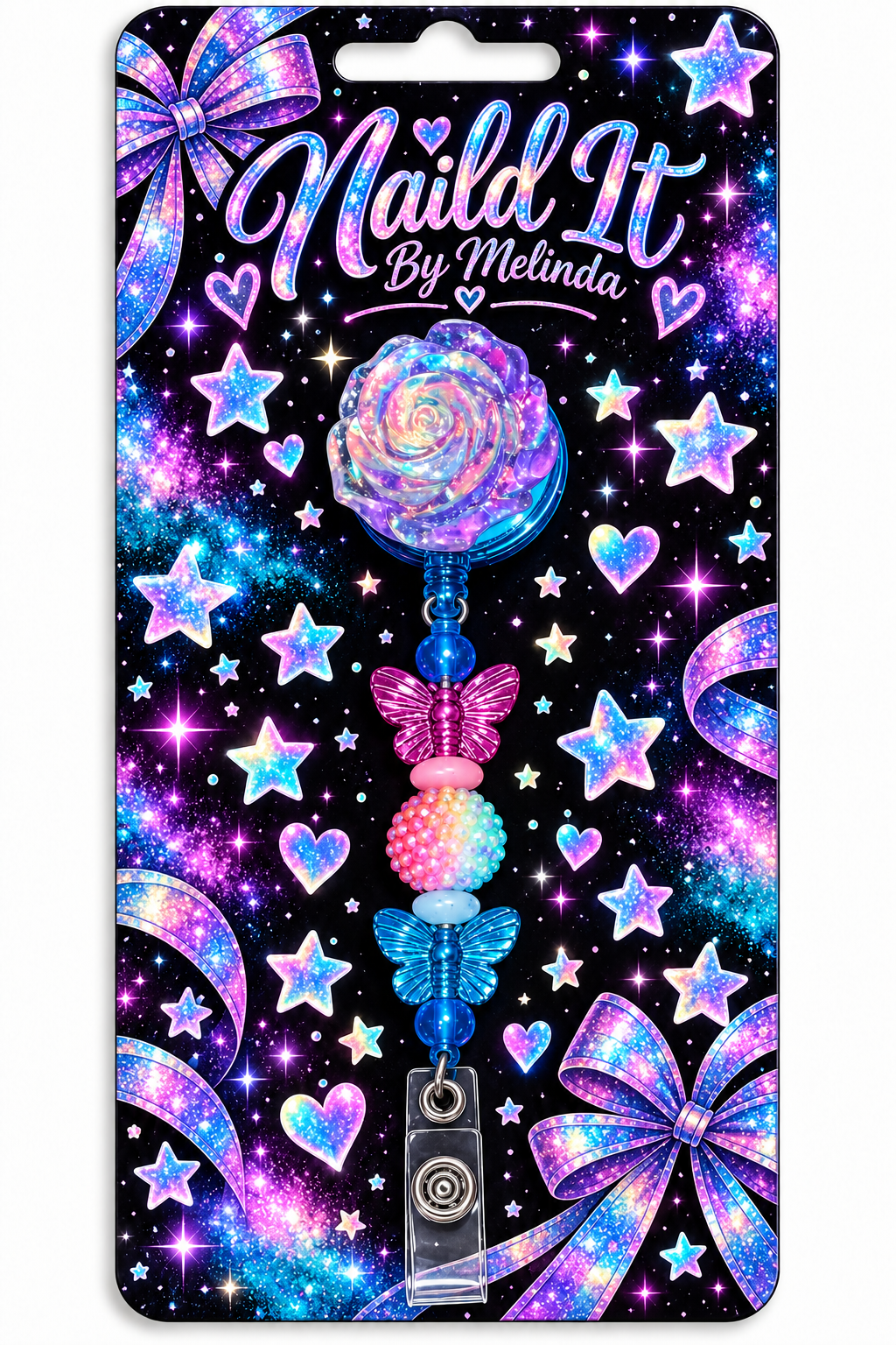 Handmade rainbow rose butterfly badge reel on Nail'd It By Melinda branded packaging