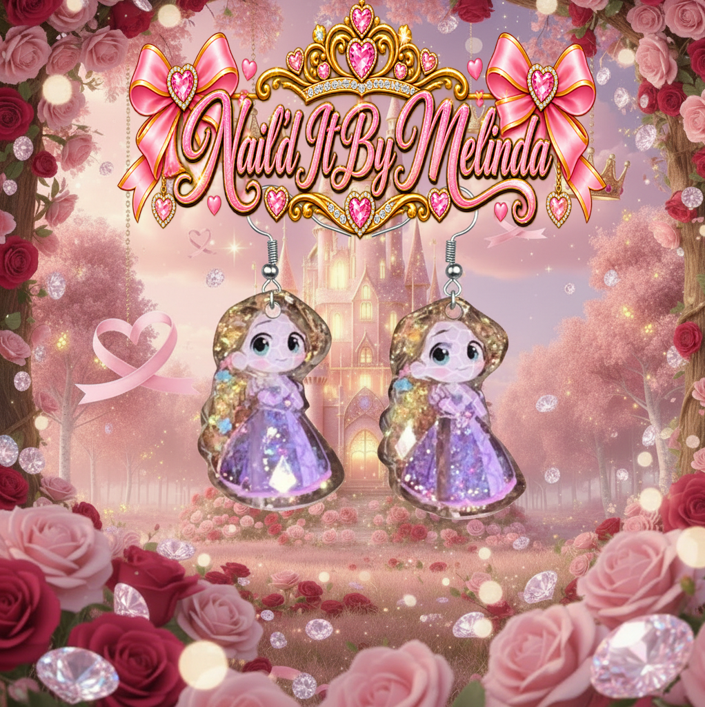Rapunzel Tangled Purple Glitter Dangle Earrings - branded rose castle background