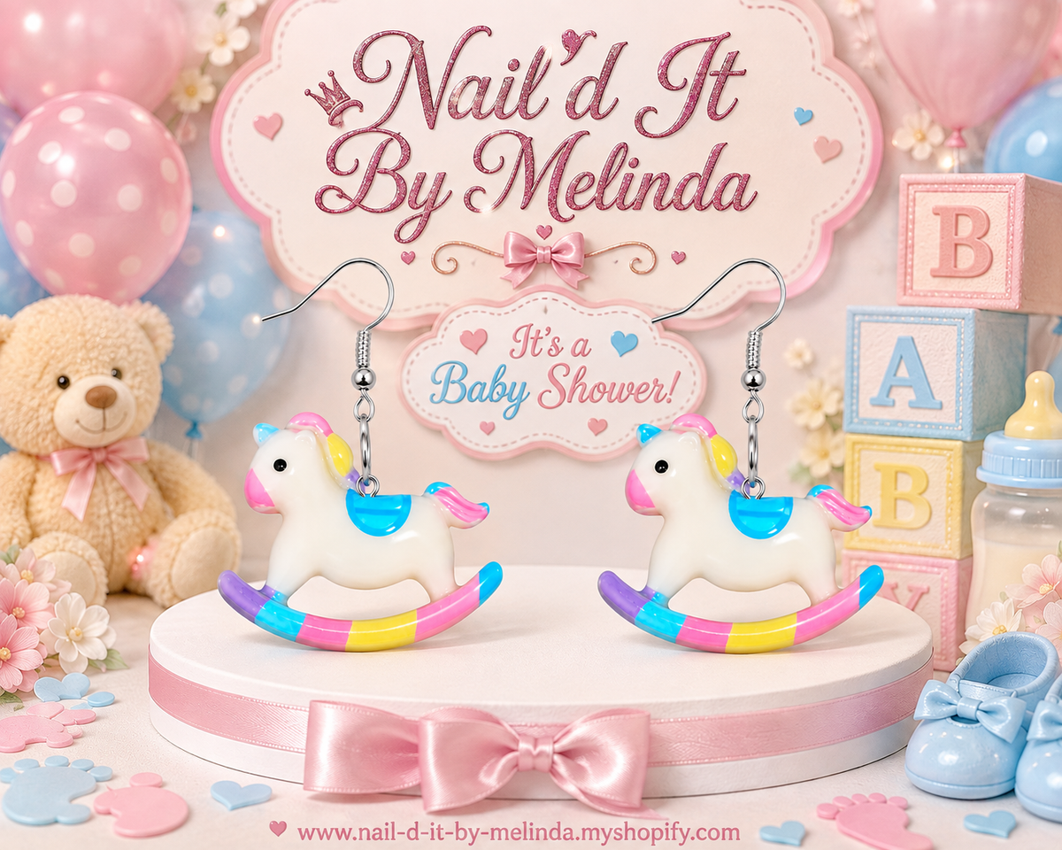 Ride Into the World rocking horse earrings – Nail'd It By Melinda logo mockup