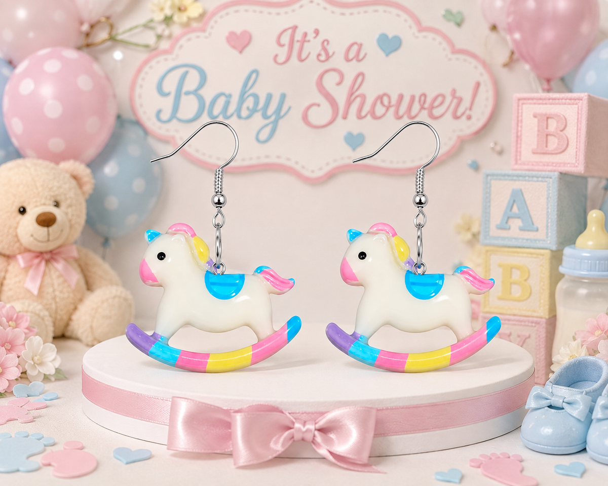Ride Into the World pastel rocking horse earrings – baby shower styled mockup