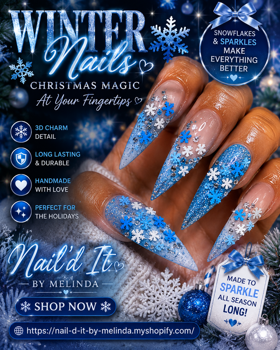 Winter Wonderland Snowflake Nail Charms – Blue & White Holiday Nail Art