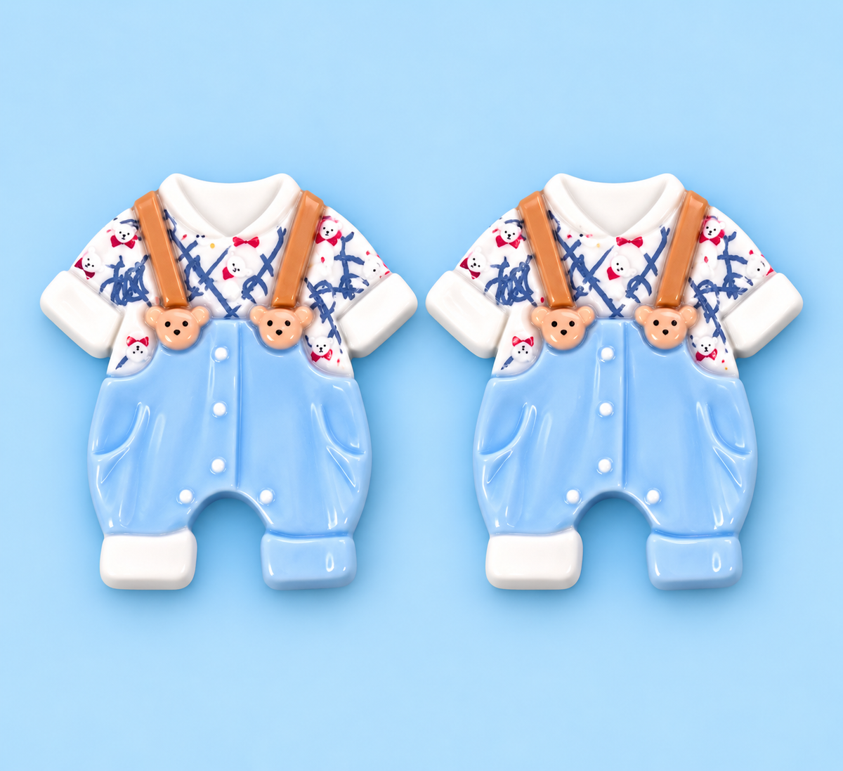 Suspenders & Bears baby boy romper earring charms close-up