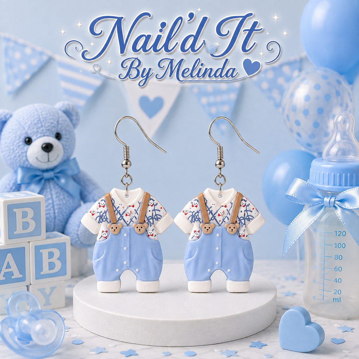 Suspenders & Bears baby boy romper earrings – Nail'd It By Melinda logo mockup