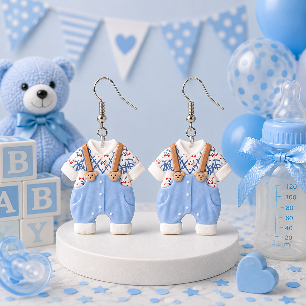 Suspenders & Bears baby boy romper earrings – baby shower styled mockup