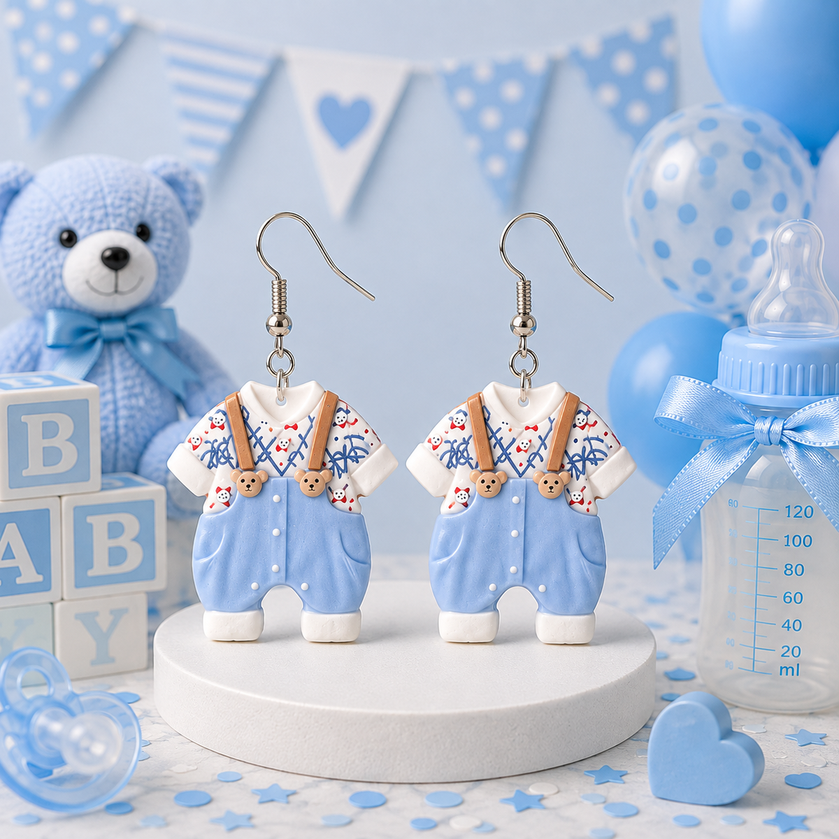 Suspenders & Bears baby boy romper earrings – baby shower styled mockup