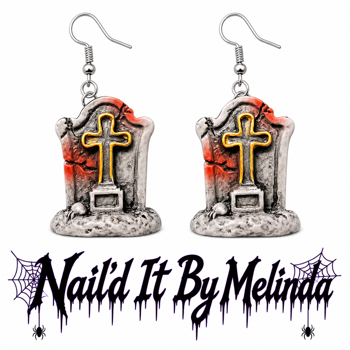 Gold Cross Tombstone Halloween dangle earrings - silver fish hook - Nail'd It By Melinda