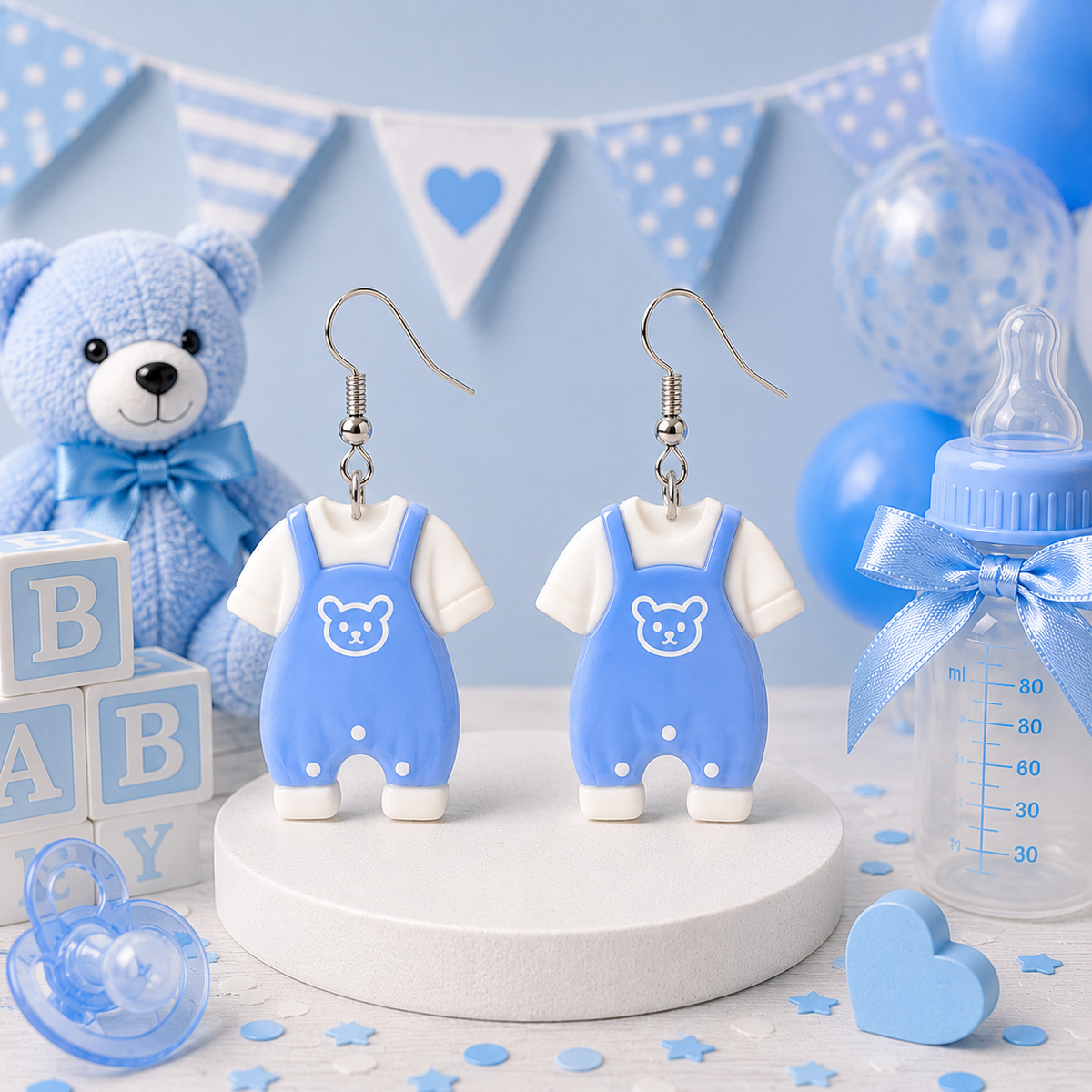 Bear Hugs baby boy overall earrings – baby shower styled mockup