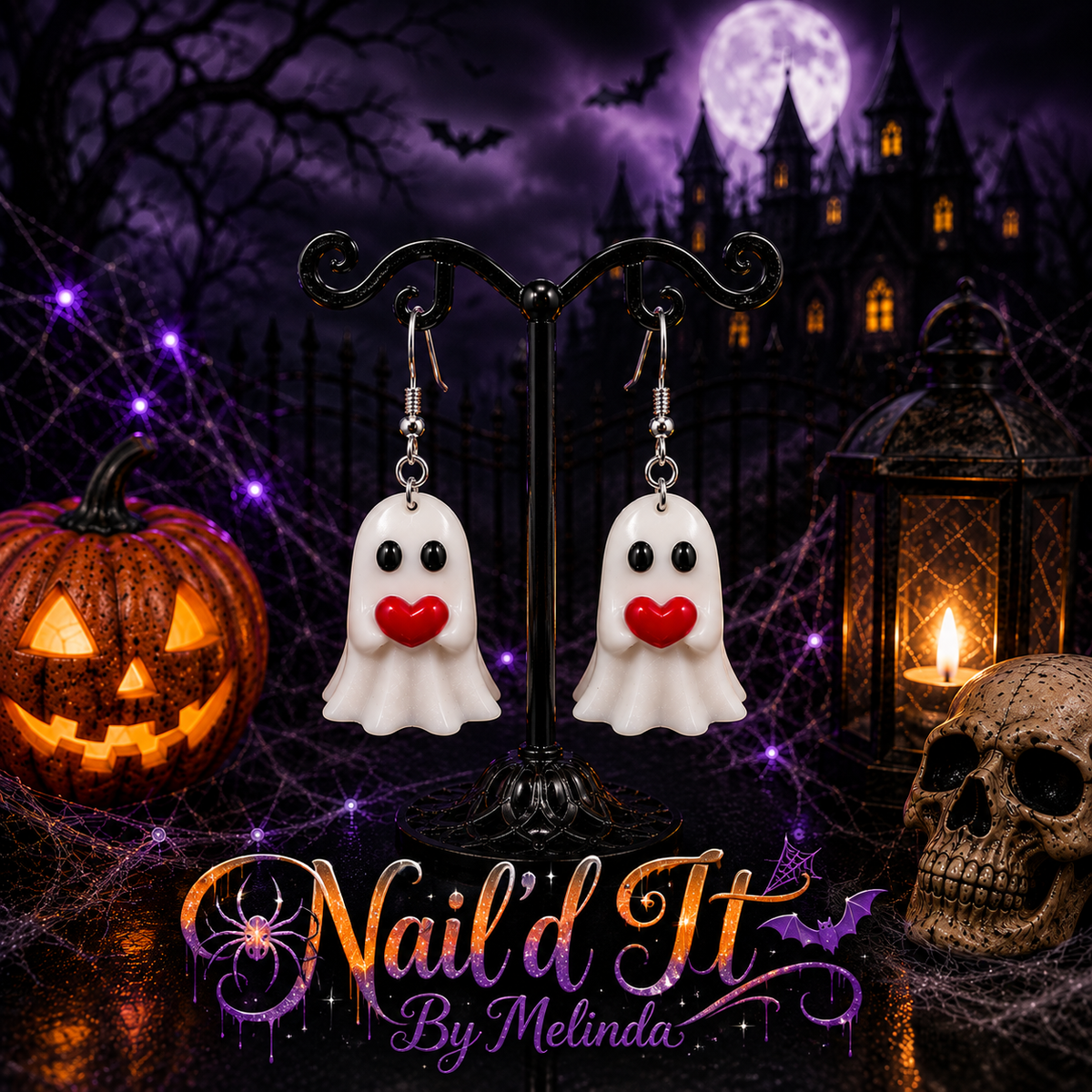 Ghost with Red Heart Dangle Earrings - Nail'd It By Melinda branded