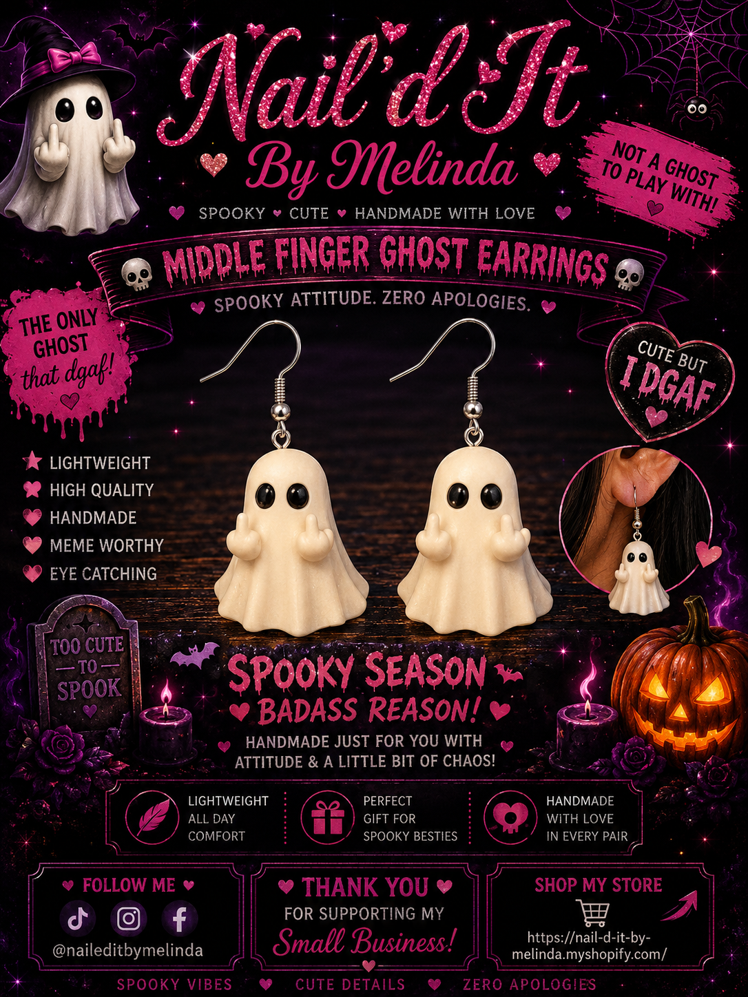 Middle Finger Ghost Earrings - product listing graphic