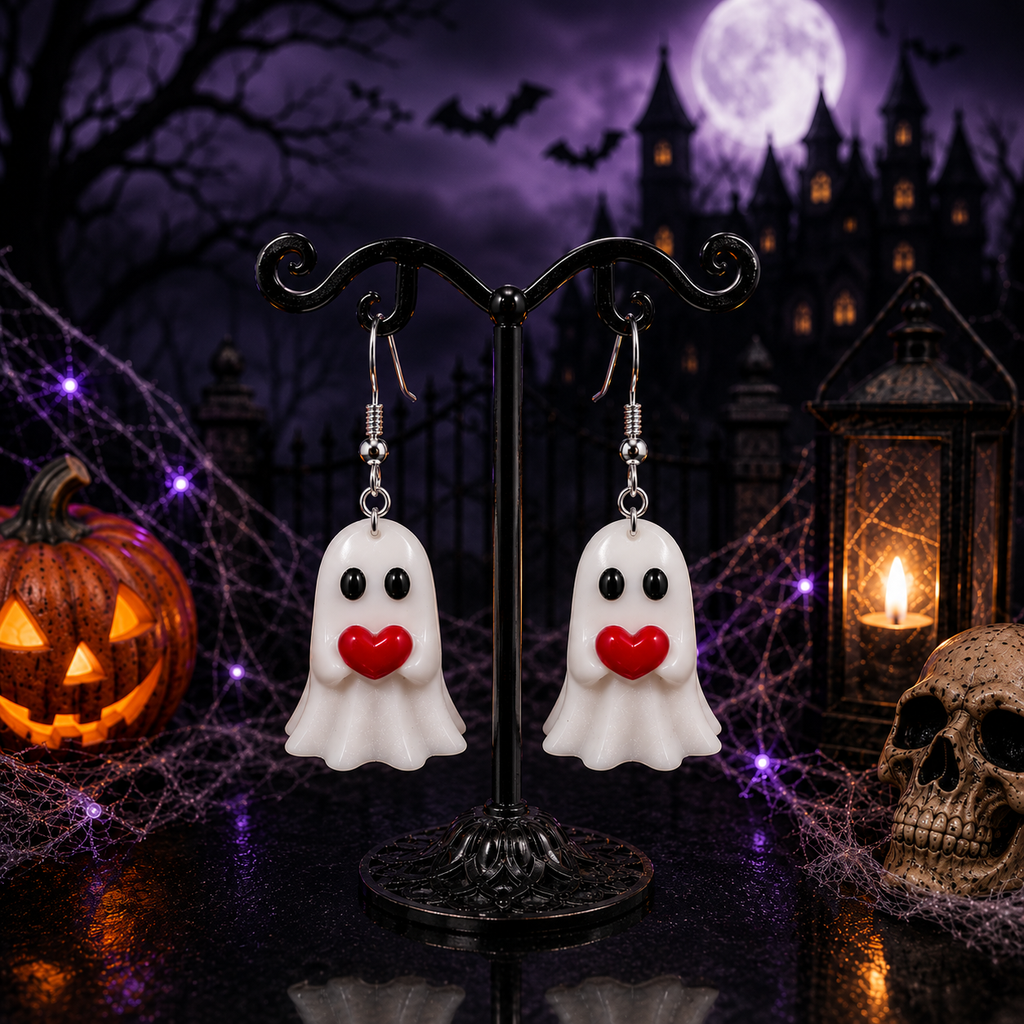 Ghost with Red Heart Dangle Earrings on Halloween display stand