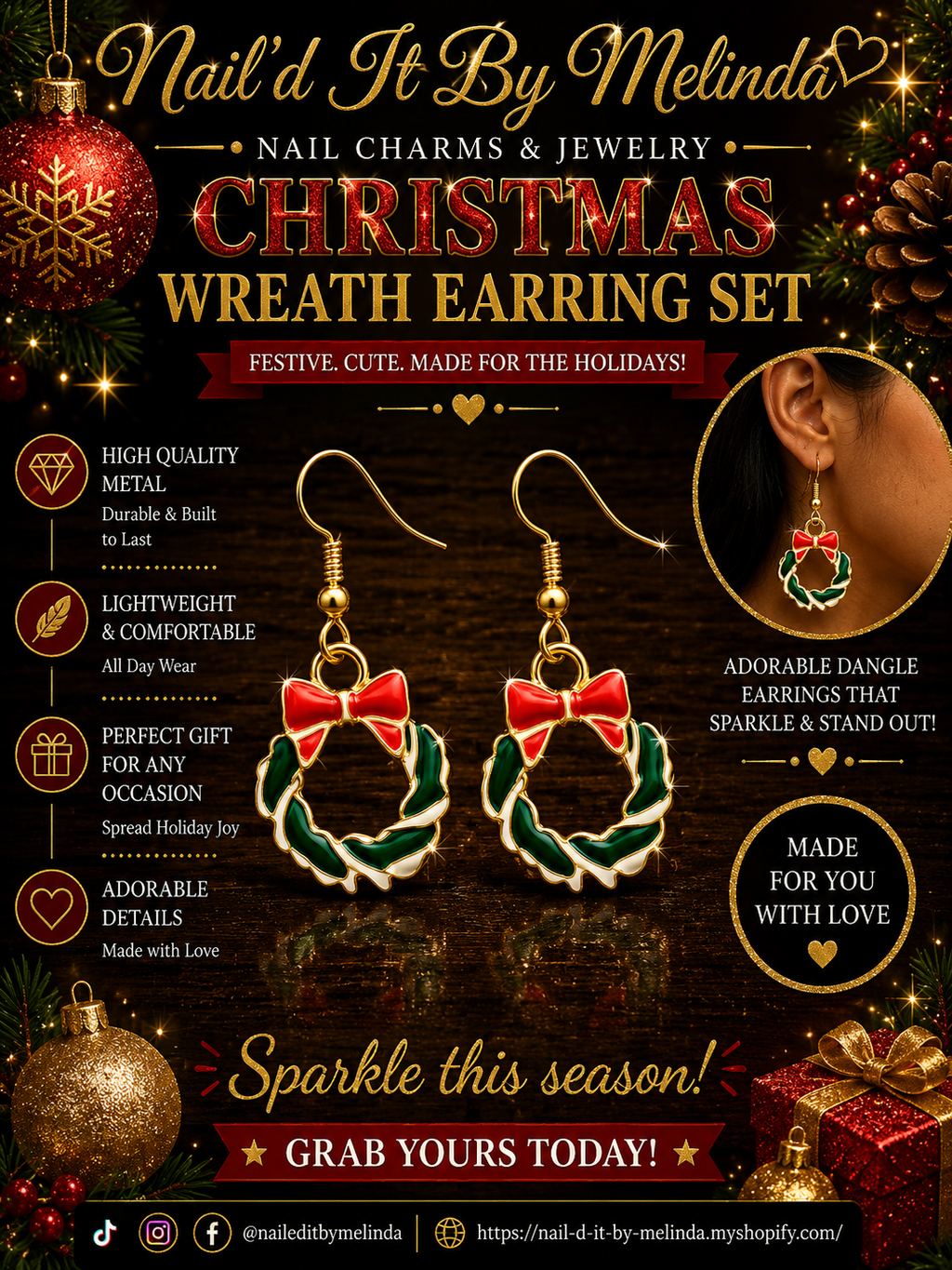 Christmas Wreath Dangle Earrings – Festive Holiday Jewelry