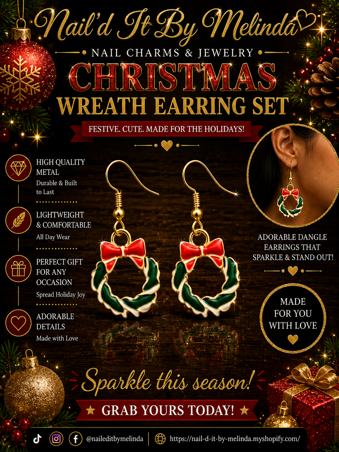 Christmas Wreath Dangle Earrings – Festive Holiday Jewelry
